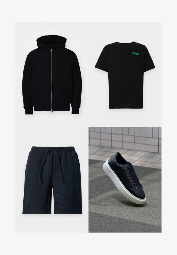 Čierna kapucňová bunda s predným zipsom, klokaními vreckami, rebrovanými manžetami a lemom, zobrazená na bielom pozadí.; Čierne tričko s krátkymi rukávmi vyrobené z bavlny. Na prednej strane má zelené logo "ROOTS", okrúhly výstrih a štandardný strih.; Tmavomodré šortky vyrobené z textúrovanej látky s elastickým pásom a šiťou na stiahnutie. Obsahujú jemný vzor po celom povrchu.; Čierne kožené tenisky s okrúhlou špičkou a bielou gumovou podrážkou. Majú ploché šnúrky a minimálne šitie na vrchu. Textúrovaná podrážka pre lepšiu priľnavosť.