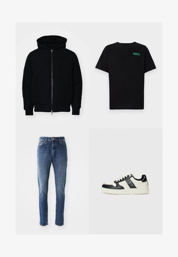 Black hooded jacket with front zipper, kangaroo pocket, ribbed cuffs, and hem, displayed on a plain white background.; Black t-shirt made of cotton with short sleeves. Features a green "ROOTS" logo on the front, round neckline, and standard fit.; Blue denim jeans with a straight leg cut, featuring a button closure, five pocket design, and slight fading for texture contrast.; Leather sneakers with a black and cream color scheme, featuring perforated accents, a padded collar, and a textured outsole.