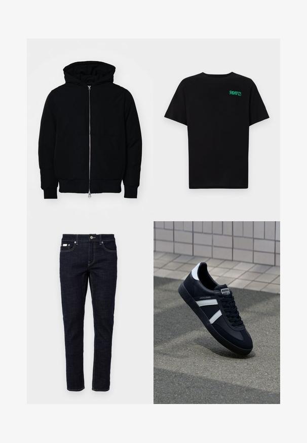 Mustat huppu-untuvatakki, jossa on vetoketju edessä, kenguru-tasku, ribatut hihansuut ja helma, esillä yksinkertaisella valkoisella taustalla.; Mustat t-paidat, jotka on valmistettu puuvillasta ja joissa on lyhyet hihat. Edessä vihreä "ROOTS"-logo, pyöreä kaula-aukko ja normaali istuvuus.; Tummansiniset farkut, joissa on slim fit -leikkaus, viisi taskua, perinteinen ommel ja metallinen nappisuljin vyötäröllä. Raikas rakenne.; Mustat nahkakengät valkoisilla raidoilla, teksturoitu kumipohja ja nauha edessä. Varustettu merkkitarralla kielen päällä.