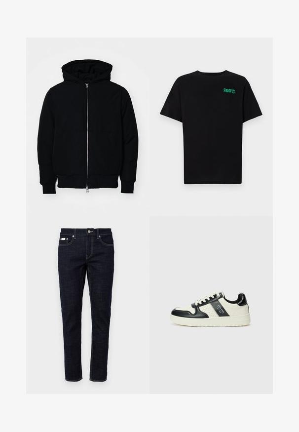 Crna kapuška jakna s prednjim zatvaračem, kenguru džepom, rebrastim manžetama i rubom, prikazana na običnoj bijeloj pozadini.; Crna majica kratkih rukava od pamuka. Na prednjem dijelu se nalazi zeleni "ROOTS" logo, okrugli izrez i standardni kroj.; Tamno plave traperice s uskim krojem, pet džepova, tradicionalni šavovi i metalno dugme za zatvaranje u struku. Oštra tekstura.; Kožne tenisice s crno-bijelom paletom boja, koje imaju perforirane akcentne detalje, podstavljeni ovratnik i teksturiranu potplat.