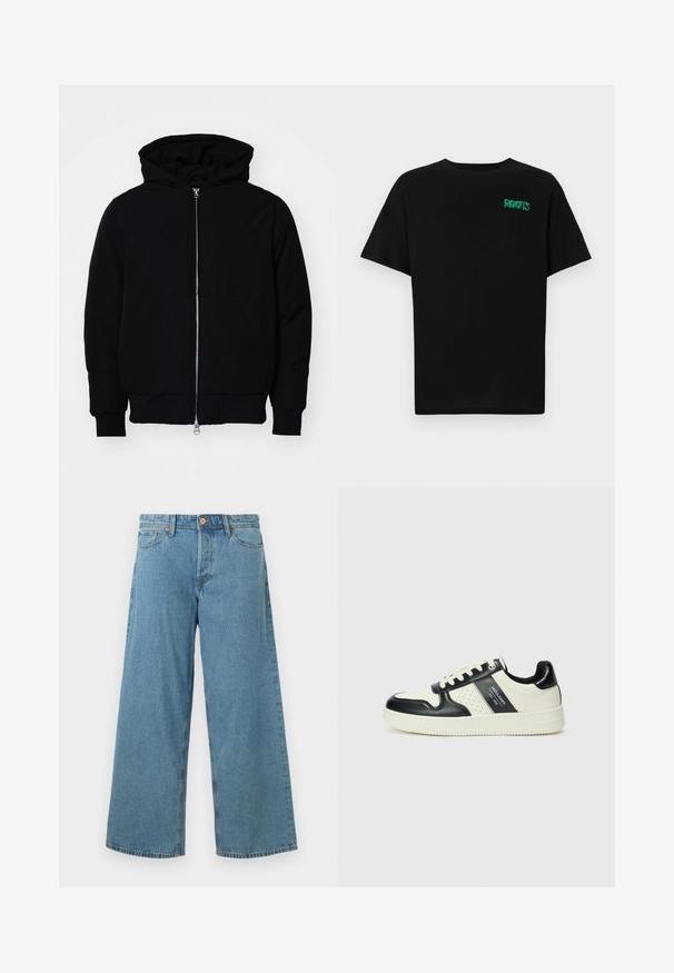 Fekete kapucnis dzseki elülső cipzárral, kenguruzsebbel, bordázott mandzsettákkal és aba, egy sima fehér háttér előtt.; Fekete, pamutból készült póló rövid ujjakkal. Elöl zöld "ROOTS" logóval, kerek nyakkivágással és normál szabással.; Világoskék, bő szárú farmernadrág elülső gombbal és zsebekkel, egy sima fehér háttér előtt bemutatva.; Fekete és krém színű bőrsneaker, perforált díszítésekkel, párnázott bokapánttal és texturált talppal.