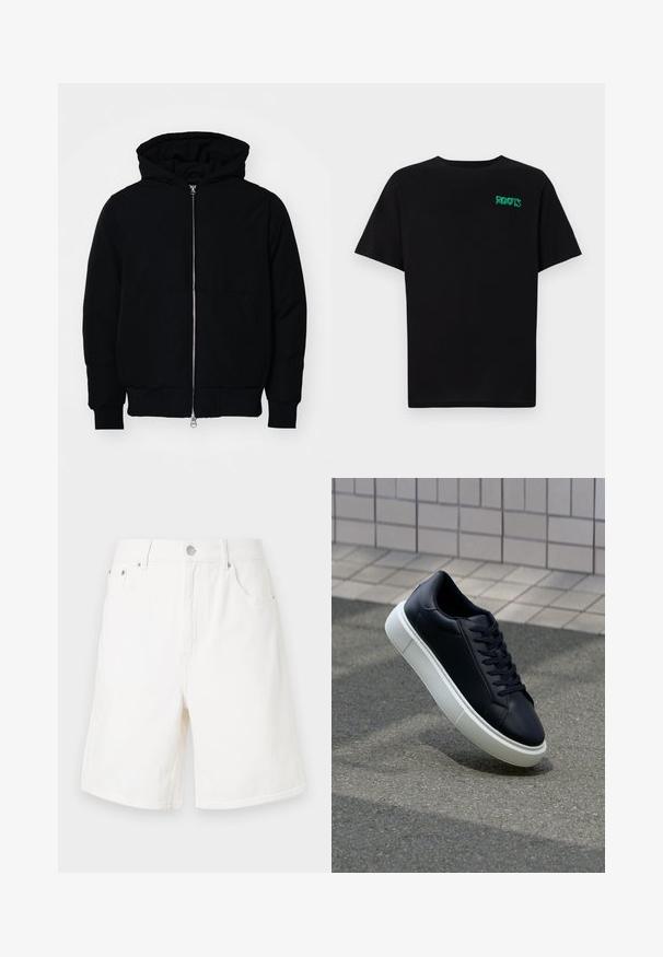 Black hooded jacket with front zipper, kangaroo pocket, ribbed cuffs, and hem, displayed on a plain white background.; Black t-shirt made of cotton with short sleeves. Features a green "ROOTS" logo on the front, round neckline, and standard fit.; White denim shorts with a straight cut, five pockets, and silver button closure. Features a sturdy texture and hemmed edges.; Black leather sneaker with rounded toe and white rubber sole. Features flat laces and minimal stitching on the upper. Textured sole for grip.