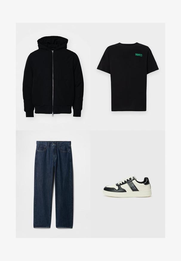 Sort hættejakke med frontlynlås, kængurulomme, ribbede manchetter og kant, præsenteret på en ensfarvet hvid baggrund.; Sort t-shirt lavet af bomuld med korte ærmer. Har et grønt "ROOTS" logo på forsiden, rund halsudskæring og almindelig pasform.; Mørkeblå denimjeans med lige ben, fem lommer, lukkes med knap foroven og synlige sømme langs sømkanten.; Lædersneakers i sort og creme farveskema, med perforerede detaljer, en polstret krave og en struktureret ydersål.