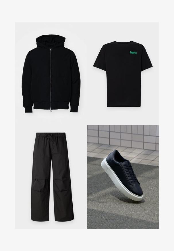 Black hooded jacket with front zipper, kangaroo pocket, ribbed cuffs, and hem, displayed on a plain white background.; Black t-shirt made of cotton with short sleeves. Features a green "ROOTS" logo on the front, round neckline, and standard fit.; Black wide-leg trousers made of lightweight fabric, featuring an elastic waistband with a drawstring and knee panel details.; Black leather sneaker with rounded toe and white rubber sole. Features flat laces and minimal stitching on the upper. Textured sole for grip.