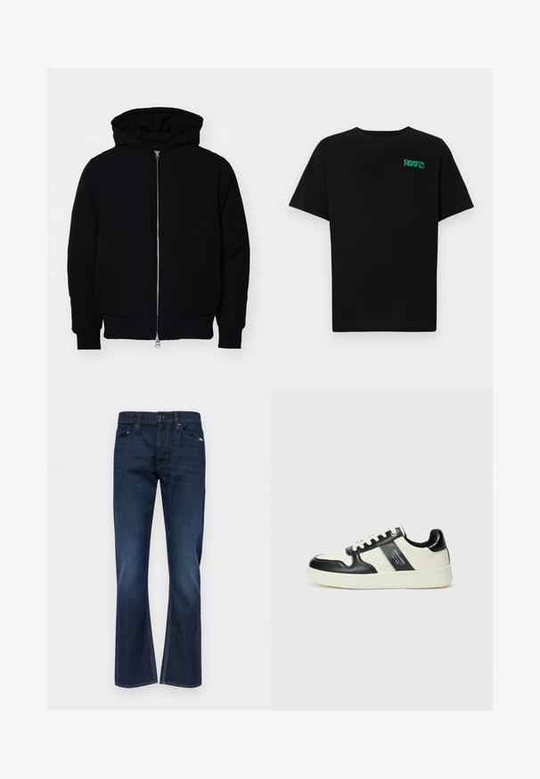 Crna kapuška jakna s prednjim zatvaračem, kenguru džepom, rebrastim manžetama i rubom, prikazana na običnoj bijeloj pozadini.; Crna majica kratkih rukava od pamuka. Na prednjem dijelu se nalazi zeleni "ROOTS" logo, okrugli izrez i standardni kroj.; Tamno plave traperice s ravnim nogavicama, s pet džepova, petljama za remen i kontrastnim šavovima.; Kožne tenisice s crno-bijelom paletom boja, koje imaju perforirane akcentne detalje, podstavljeni ovratnik i teksturiranu potplat.