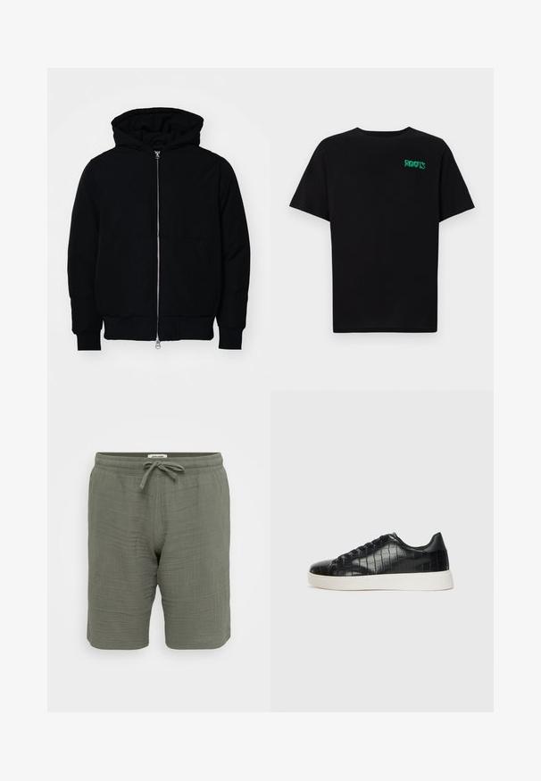 Black hooded jacket with front zipper, kangaroo pocket, ribbed cuffs, and hem, displayed on a plain white background.; Black t-shirt made of cotton with short sleeves. Features a green "ROOTS" logo on the front, round neckline, and standard fit.; Lightweight, olive green shorts made from textured fabric. Features an elastic waistband with a drawstring, side pockets, and a relaxed fit.; Black sneakers featuring a textured croc-embossed leather upper, rounded toe, and a contrasting white rubber sole with a smooth finish.