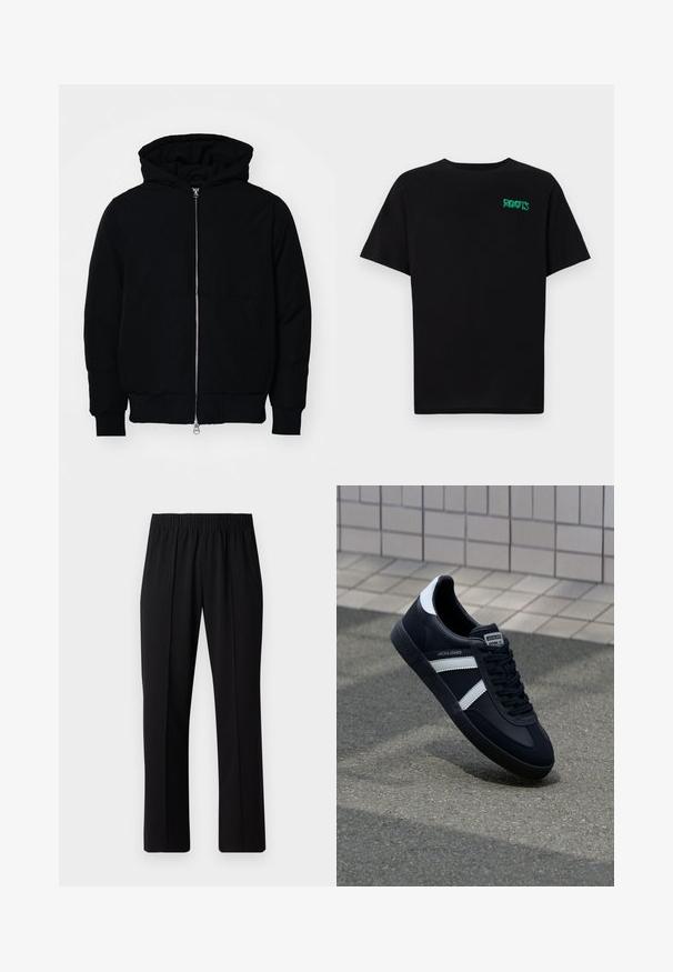 Chaqueta negra con capucha, cierre frontal, bolsillo tipo canguro, y puños y dobladillo acanalados, exhibida sobre un fondo blanco liso.; Camiseta negra de algodón con mangas cortas. Presenta un logo verde "ROOTS" en el frente, escote redondo y corte estándar.; Pantalones negros con cintura elástica y diseño de pierna recta, con una textura suave y sin patrones o herrajes visibles.; Zapatilla de cuero negra con rayas blancas, suela de goma texturizada y parte frontal con cordones. Cuenta con una etiqueta de marca en la lengüeta.
