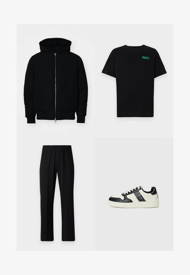 Czarna kurtka z kapturem, z suwakiem z przodu, kieszenią kangurką, ściągaczami przy mankietach i dolnym brzegu, prezentowana na jednolitym białym tle.; Czarna koszulka z bawełny z krótkim rękawem. Posiada zielone logo "ROOTS" z przodu, okrągły dekolt i standardowy krój.; Czarne spodnie z elastycznym pasem o prostym kroju, z gładką strukturą i bez widocznych wzorów czy elementów metalowych.; Skórzane sneakersy w czarno-kremowym schemacie kolorystycznym, z perforowanymi akcentami, wyściełanym kołnierzem i teksturowaną podeszwą.