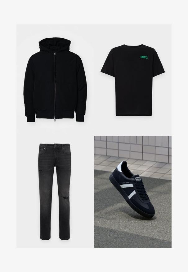 Chaqueta negra con capucha, cierre frontal, bolsillo tipo canguro, y puños y dobladillo acanalados, exhibida sobre un fondo blanco liso.; Camiseta negra de algodón con mangas cortas. Presenta un logo verde "ROOTS" en el frente, escote redondo y corte estándar.; Jeans de mezclilla negra con un corte slim, que presentan áreas desgastadas por encima de las rodillas y un sutil desvanecimiento, diseño estándar de cinco bolsillos y cierre de botón.; Zapatilla de cuero negra con rayas blancas, suela de goma texturizada y parte frontal con cordones. Cuenta con una etiqueta de marca en la lengüeta.