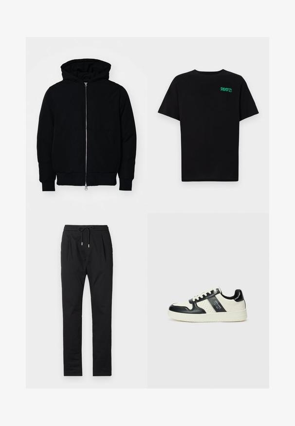 Jachetă neagră cu glugă, cu fermoar în față, buzunar tip kangaroo, mansete și tiv ribbed, prezentată pe un fundal alb simplu.; Tricou negru din bumbac, cu mâneci scurte. Prezintă un logo verde "ROOTS" pe față, guler rotund și o potrivire standard.; Pantaloni negri, ușori, cu talie elastică, sistem de închidere cu șnur și două buzunare frontale. Textură netedă cu o croială ajustată.; Tenisi din piele cu un scheme de culori negru și crem, dotati cu accente perforate, guler căptușit și o talpă texturată.