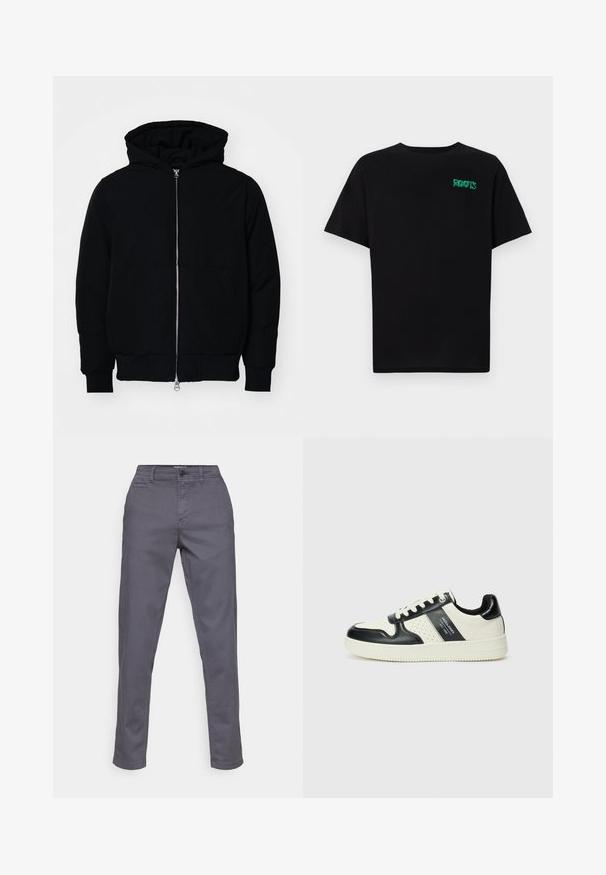 Mustat huppu-untuvatakki, jossa on vetoketju edessä, kenguru-tasku, ribatut hihansuut ja helma, esillä yksinkertaisella valkoisella taustalla.; Mustat t-paidat, jotka on valmistettu puuvillasta ja joissa on lyhyet hihat. Edessä vihreä "ROOTS"-logo, pyöreä kaula-aukko ja normaali istuvuus.; Harmaat puuvillahousut suoran leikkauksen omaavina, joissa on napitus, vyölenkit ja sivutaskut. Sujuva pinta ilman havaittavia kuvioita.; Nahkakengät musta-kerma värimaailmassa, joissa on rei'itetyt yksityiskohdat, pehmustettu nilkkaosa ja teksturoitu pohja.