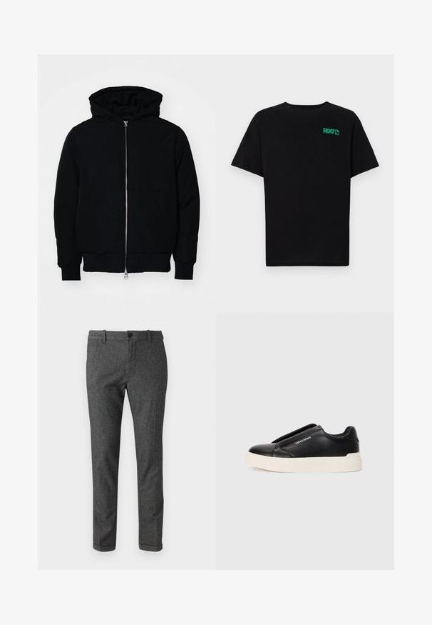 Czarna kurtka z kapturem, z suwakiem z przodu, kieszenią kangurką, ściągaczami przy mankietach i dolnym brzegu, prezentowana na jednolitym białym tle.; Czarna koszulka z bawełny z krótkim rękawem. Posiada zielone logo "ROOTS" z przodu, okrągły dekolt i standardowy krój.; Szare spodnie z wełny w połączeniu z innymi włóknami, o dopasowanym kroju, z płaskim przodem, zapięciem na guzik i zawiniętym dołem. Subtelna tekstura i klasyczny design.; Czarne trampki wsuwane z teksturowanej skóry, biała gumowa podeszwa i brak widocznych sznurówek. Posiadają logo marki z boku.