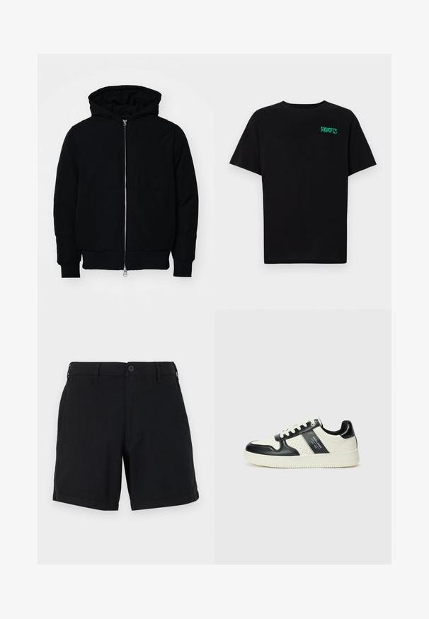 Black hooded jacket with front zipper, kangaroo pocket, ribbed cuffs, and hem, displayed on a plain white background.; Black t-shirt made of cotton with short sleeves. Features a green "ROOTS" logo on the front, round neckline, and standard fit.; Black cotton shorts with a button closure, side pockets, and a straight leg design. The fabric has a smooth texture and a simple finish.; Leather sneakers with a black and cream color scheme, featuring perforated accents, a padded collar, and a textured outsole.