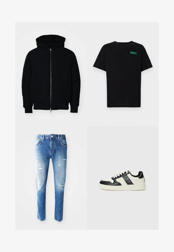 Črna kapuca jakna s sprednjim zadrgo, kenguru žepom, rebrastimi manšetami in hemom, razstavljena na enostavni beli ozadju.; Črna majica iz bombaža z kratkimi rokavi. Na sprednji strani ima zeleno logotip "ROOTS", okroglo ovratnico in standardno prileganje.; Modre kavbojke z gradientom od svetle do temne barve, obrabljenimi podrobnostmi, vključno s praskami, petimi žepi in gumbom za zapiranje v predelu pasu.; Usnjeni športni čevlji z črno in krem barvno shemo, ki vključujejo perforirane dodatke, podložen ovratnik in strukturirano podplat.