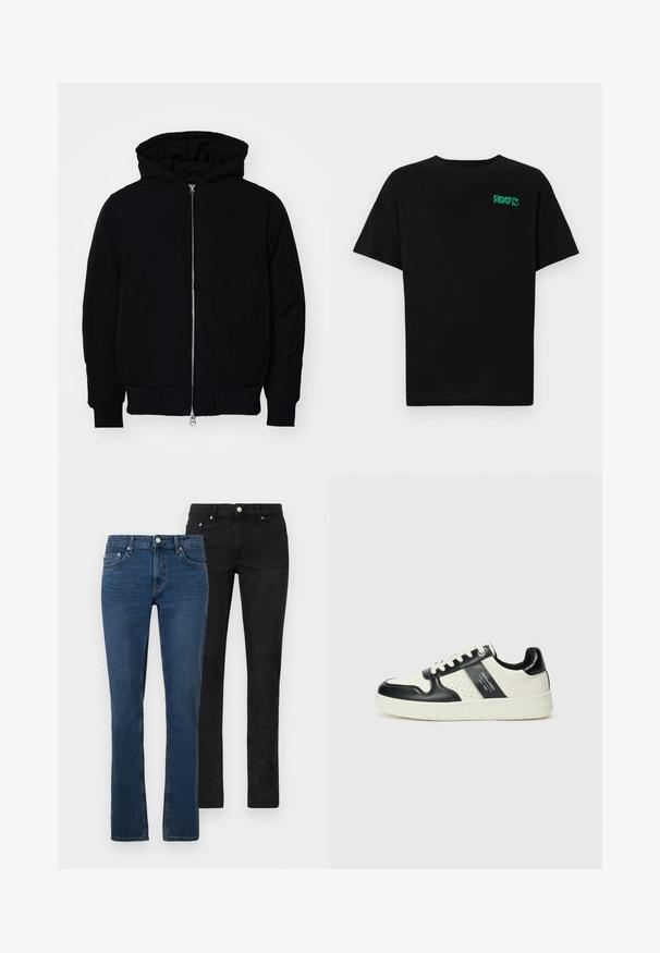 Črna kapuca jakna s sprednjim zadrgo, kenguru žepom, rebrastimi manšetami in hemom, razstavljena na enostavni beli ozadju.; Črna majica iz bombaža z kratkimi rokavi. Na sprednji strani ima zeleno logotip "ROOTS", okroglo ovratnico in standardno prileganje.; Dva para jeans: ena svetlo modra in ena črna. Obe sta s straight-leg krojem, narejeni iz denima, z sprednjimi žepi in kovinskimi gumbi.; Usnjeni športni čevlji z črno in krem barvno shemo, ki vključujejo perforirane dodatke, podložen ovratnik in strukturirano podplat.