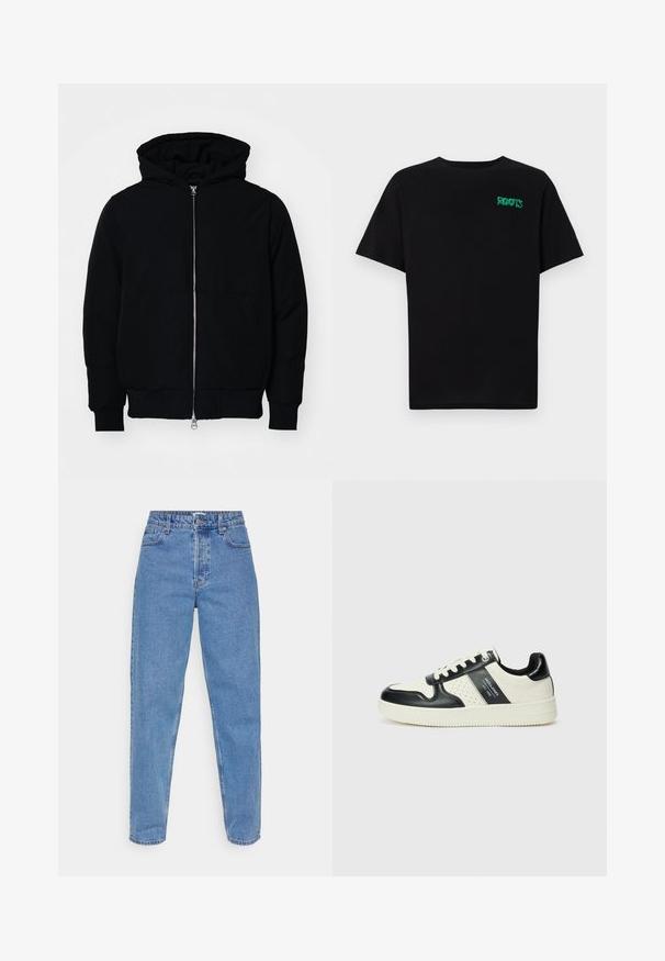 Crna kapuška jakna s prednjim zatvaračem, kenguru džepom, rebrastim manžetama i rubom, prikazana na običnoj bijeloj pozadini.; Crna majica kratkih rukava od pamuka. Na prednjem dijelu se nalazi zeleni "ROOTS" logo, okrugli izrez i standardni kroj.; Svijetloplave traperice, visokog struka s ravnim nogavicama, s pet džepova i klasičnim dugmetom i zatvaračem.; Kožne tenisice s crno-bijelom paletom boja, koje imaju perforirane akcentne detalje, podstavljeni ovratnik i teksturiranu potplat.