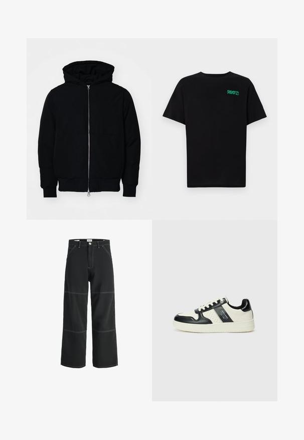 Giacca nera con cappuccio, dotata di zip frontale, tasca a marsupio, polsini e orlo a coste, esposta su uno sfondo bianco semplice.; T-shirt nera in cotone con maniche corte. Presenta un logo verde "ROOTS" sulla parte frontale, colletto rotondo e vestibilità standard.; Pantaloni larghi neri realizzati in tessuto resistente, con cuciture bianche a contrasto, due tasche frontali e chiusura in vita con un bottone.; Sneakers in pelle con una combinazione di colori nero e crema, dotati di dettagli perforati, collare imbottito e suola testurizzata.