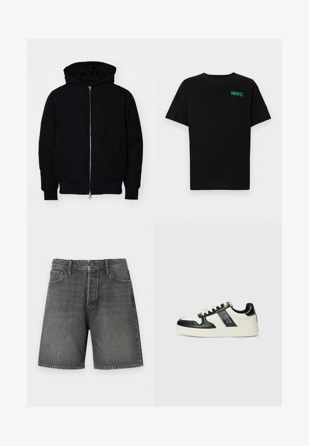 Svart hettejakke med frontglidelås, kengurulomme, ribbestrikket mansjetter og søm, vist på en ensfarget hvit bakgrunn.; svart t-skjorte laget av bomull med korte ermer. Har et grønt "ROOTS"-logo på forsiden, rund halsutringning og standard passform.; Mørkegrå denimshorts med klassisk fem-pocket design, knapp- og glidelåsåpning, rett snitt og lett falmingseffekt over hele.; Lædersneakers med sort og creme farveskema, der har perforerede detaljer, en polstret krave og en struktureret ydersål.