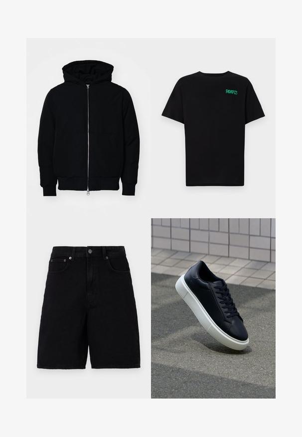 Černá kapucňová bunda s předním zipem, klokaní kapsou, vroubkovanými manžetami a spodním lemem, vystavená na čistém bílém pozadí.; Černé tričko vyrobené z bavlny s krátkým rukávem. Na přední straně se nachází zelené logo "ROOTS", kulatý výstřih a standardní střih.; Černé džíny šortky s klasickým pětikapsovým designem, s knoflíkovým zapínáním a rovnými nohavicemi. Látka má hladký povrch.; Černé kožené tenisky s kulatou špičkou a bílou gumovou podrážkou. mají ploché tkaničky a minimální šití na svršku. Texturovaná podrážka pro lepší přilnavost.