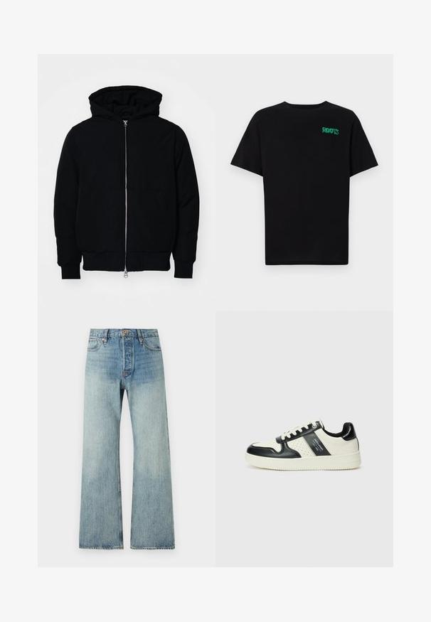 Chaqueta negra con capucha, cierre frontal, bolsillo tipo canguro, y puños y dobladillo acanalados, exhibida sobre un fondo blanco liso.; Camiseta negra de algodón con mangas cortas. Presenta un logo verde "ROOTS" en el frente, escote redondo y corte estándar.; Vaqueros de mezclilla de tiro alto en un tono azul claro con corte acampanado, herrajes de cobre, cinco bolsillos y un ligero desgastado para un aspecto usado.; Zapatillas de cuero con un esquema de colores negro y crema, que cuentan con acentos perforados, un collar acolchado y una suela texturizada.