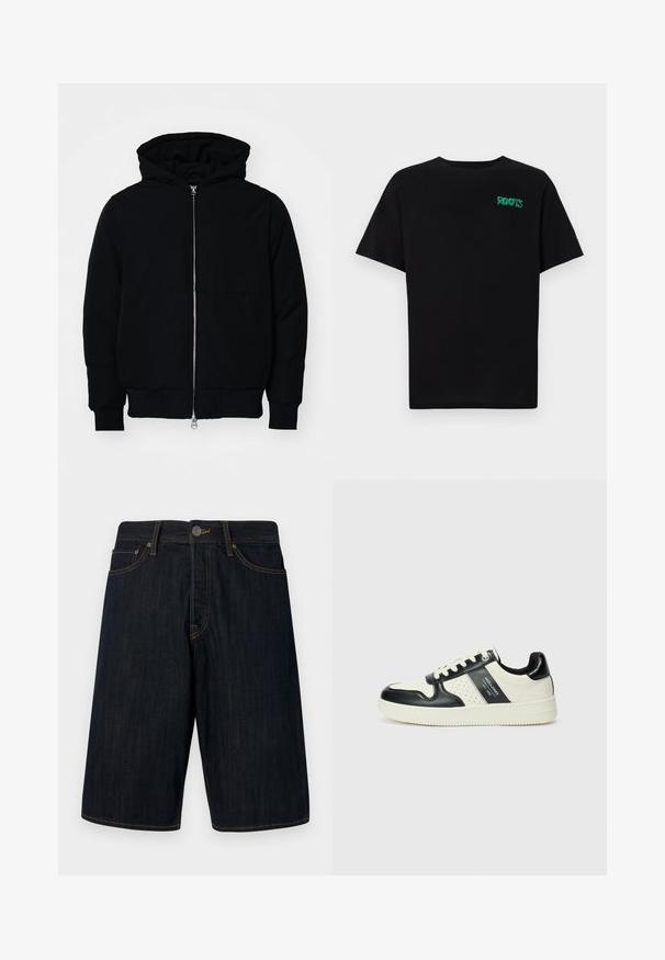 Mustat huppu-untuvatakki, jossa on vetoketju edessä, kenguru-tasku, ribatut hihansuut ja helma, esillä yksinkertaisella valkoisella taustalla.; Mustat t-paidat, jotka on valmistettu puuvillasta ja joissa on lyhyet hihat. Edessä vihreä "ROOTS"-logo, pyöreä kaula-aukko ja normaali istuvuus.; Tummat farkkuhousut suoran leikkauksen omaavina, joissa on keltaiset tikkaukset, viisi taskua ja etupainike. Sileä tekstuuri.; Nahkakengät musta-kerma värimaailmassa, joissa on rei'itetyt yksityiskohdat, pehmustettu nilkkaosa ja teksturoitu pohja.