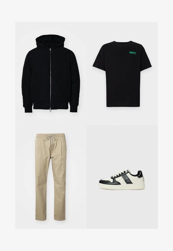 Mustaga kapuutsiga jakk, millel on esineed, kenguru tasku, soonikkoes, ja alläär, esitatud lihtsal valgel taustal.; Must t-särk, mis on valmistatud puuvillast, lühikeste varrukatega. Esipaneelil on roheline "ROOTS" logo, ümmargune kaelus ja tavapärane lõige.; Beige puuvillasegusega chinos, millel on elastne vöökoht koos nööriga ja külgplekid lisamugavuseks ja stiiliks.; Nahatud nahkkingad musta ja kreemi värviskeemiga, millel on perforeeritud aktsendid, pehme krae ja tekstureeritud tallad.