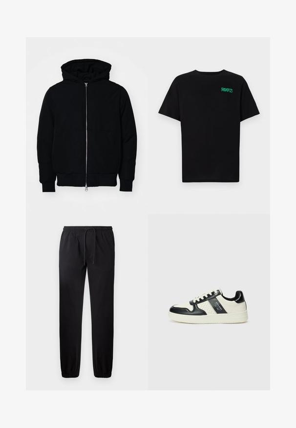 Veste à capuche noire avec fermeture éclair sur le devant, poche kangourou, poignets et ourlet côtelés, présentée sur un fond blanc uni.; T-shirt noir en coton à manches courtes. Présente un logo "ROOTS" vert sur le devant, un col rond et une coupe standard.; Pantalons de jogging noirs avec une taille élastique et un cordon de serrage réglable. Poignets fuselés et tissu lisse. Pas de poches visibles ni de motifs.; Baskets en cuir avec un schéma de couleurs noir et crème, dotées d'accents perforés, d'un col rembourré et d'une semelle texturée.