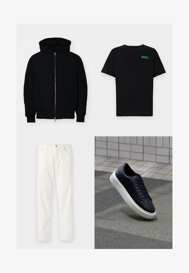 Black hooded jacket with front zipper, kangaroo pocket, ribbed cuffs, and hem, displayed on a plain white background.; Black t-shirt made of cotton with short sleeves. Features a green "ROOTS" logo on the front, round neckline, and standard fit.; White denim jeans with a straight fit, five-pocket design, zip and button closure, and subtle texture. Features belt loops and contrast stitching.; Black leather sneaker with rounded toe and white rubber sole. Features flat laces and minimal stitching on the upper. Textured sole for grip.