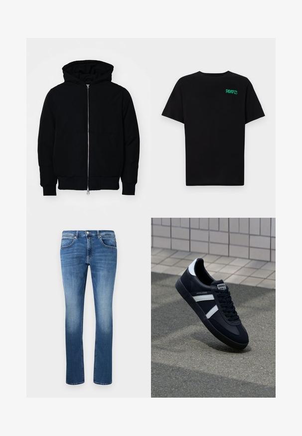 Zwarte hoodie met rits aan de voorkant, kangoeroe-pocket, geribbelde manchetten en zoom, weergegeven op een effen witte achtergrond.; Zwarte T-shirt van katoen met korte mouwen. Heeft een groen "ROOTS" logo op de voorkant, een ronde halslijn en een standaard pasvorm.; Blauwe denim jeans met een rechte snit, voorzien van lichte vervaging, vijf zakken en een knoop-en-rits sluiting. Genaaide details langs de naden.; Zwarte leren sneaker met witte strepen, een gestructureerde rubberen zool en vetersluiting aan de voorkant. Voorzien van een merklabel op de tong.