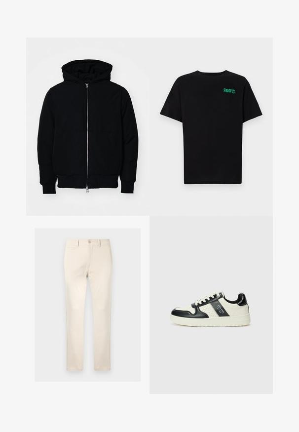 Black hooded jacket with front zipper, kangaroo pocket, ribbed cuffs, and hem, displayed on a plain white background.; Black t-shirt made of cotton with short sleeves. Features a green "ROOTS" logo on the front, round neckline, and standard fit.; Beige cotton trousers with a straight fit, featuring a single front pocket, button closure, and subtle stitching details.; Leather sneakers with a black and cream color scheme, featuring perforated accents, a padded collar, and a textured outsole.