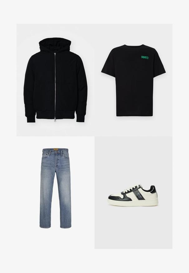 Črna kapuca jakna s sprednjim zadrgo, kenguru žepom, rebrastimi manšetami in hemom, razstavljena na enostavni beli ozadju.; Črna majica iz bombaža z kratkimi rokavi. Na sprednji strani ima zeleno logotip "ROOTS", okroglo ovratnico in standardno prileganje.; Svijetloplave traperice ravnog kroja, s izblijedjelim pranjem, dizajnom s pet džepova, petljama za remen i zatvaranjem na patentni zatvarač s dugmetom.; Usnjeni športni čevlji z črno in krem barvno shemo, ki vključujejo perforirane dodatke, podložen ovratnik in strukturirano podplat.