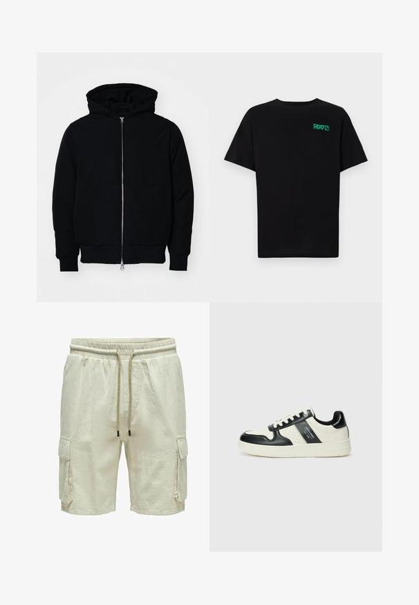 Chaqueta negra con capucha, cierre frontal, bolsillo tipo canguro, y puños y dobladillo acanalados, exhibida sobre un fondo blanco liso.; Camiseta negra de algodón con mangas cortas. Presenta un logo verde "ROOTS" en el frente, escote redondo y corte estándar.; Pantalones cortos de carga beige con una tela texturizada, cinturilla elástica y cordón. Presenta dos bolsillos laterales con solapas.; Zapatillas de cuero con un esquema de colores negro y crema, que cuentan con acentos perforados, un collar acolchado y una suela texturizada.