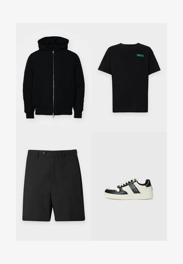 Black hooded jacket with front zipper, kangaroo pocket, ribbed cuffs, and hem, displayed on a plain white background.; Black t-shirt made of cotton with short sleeves. Features a green "ROOTS" logo on the front, round neckline, and standard fit.; Black shorts made of lightweight fabric, featuring a button closure, two side pockets, and a straight cut. Smooth texture and simple design.; Leather sneakers with a black and cream color scheme, featuring perforated accents, a padded collar, and a textured outsole.