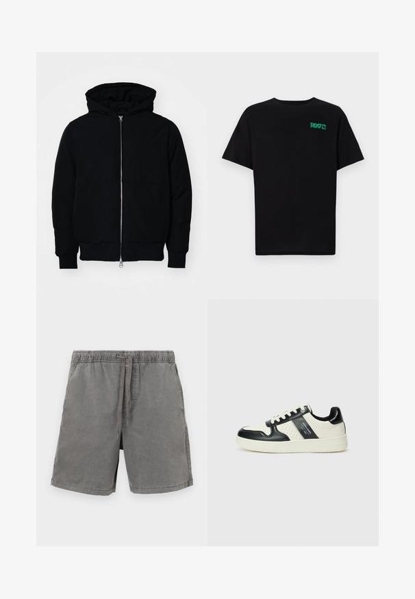 Juodas gobtuvėlis su priekiniu užtrauktuku, kengūros tipo kišene, lygiais rankogaliais ir apvadu, pateiktas ant vientiso balto fono.; Juodas medvilninis marškinėliai trumpomis rankovėmis. Priekyje yra žalias „ROOTS“ logotipas, apvalus iškirpimas ir standartinė prigludimo forma.; Pilkos medvilnės šortai su tampriu juosmeniu ir virvele, tiesiu kirpimu ir viena šonine kišene. Švelni tekstūra ir laisvalaikio dizainas.; Odiniai sportbačiai juodos ir kreminės spalvų schemoje, su perforuotais akcentais, paminkštinta apykakle ir tekstūruotu padu.