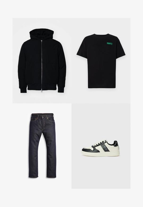 Juodas gobtuvėlis su priekiniu užtrauktuku, kengūros tipo kišene, lygiais rankogaliais ir apvadu, pateiktas ant vientiso balto fono.; Juodas medvilninis marškinėliai trumpomis rankovėmis. Priekyje yra žalias „ROOTS“ logotipas, apvalus iškirpimas ir standartinė prigludimo forma.; Tamsiai mėlyni džinsai su tiesaus kirpimo, penkių kišenių dizainu, metalinėmis detalėmis ir kontrastingomis oranžinėmis siūlėmis. Lygus paviršius, be matomų raštų.; Odiniai sportbačiai juodos ir kreminės spalvų schemoje, su perforuotais akcentais, paminkštinta apykakle ir tekstūruotu padu.