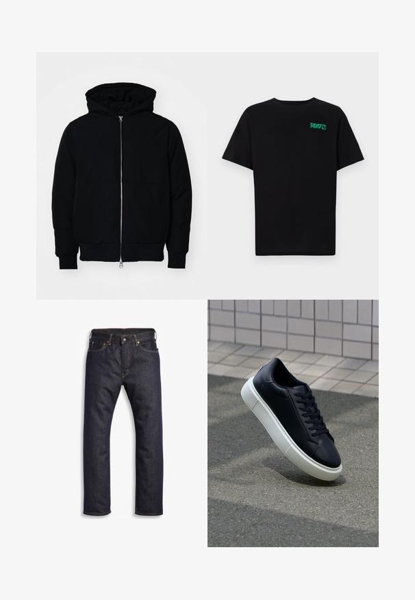 Mustat huppu-untuvatakki, jossa on vetoketju edessä, kenguru-tasku, ribatut hihansuut ja helma, esillä yksinkertaisella valkoisella taustalla.; Mustat t-paidat, jotka on valmistettu puuvillasta ja joissa on lyhyet hihat. Edessä vihreä "ROOTS"-logo, pyöreä kaula-aukko ja normaali istuvuus.; Tummansiniset farkut suoran leikkauksen, viiden taskun muotoilun, metallisten yksityiskohtien ja kontrastoivien oranssien ompelujen kanssa. Sujuva pinta, ei näkyviä kuvioita.; Mustat nahkakengät, joissa on pyöristetty kärki ja valkoinen kumipohja. Varusteena litteät nauhat ja minimaalinen ommel ylhäällä. Teksturoitu pohja pitävyyden lisäämiseksi.