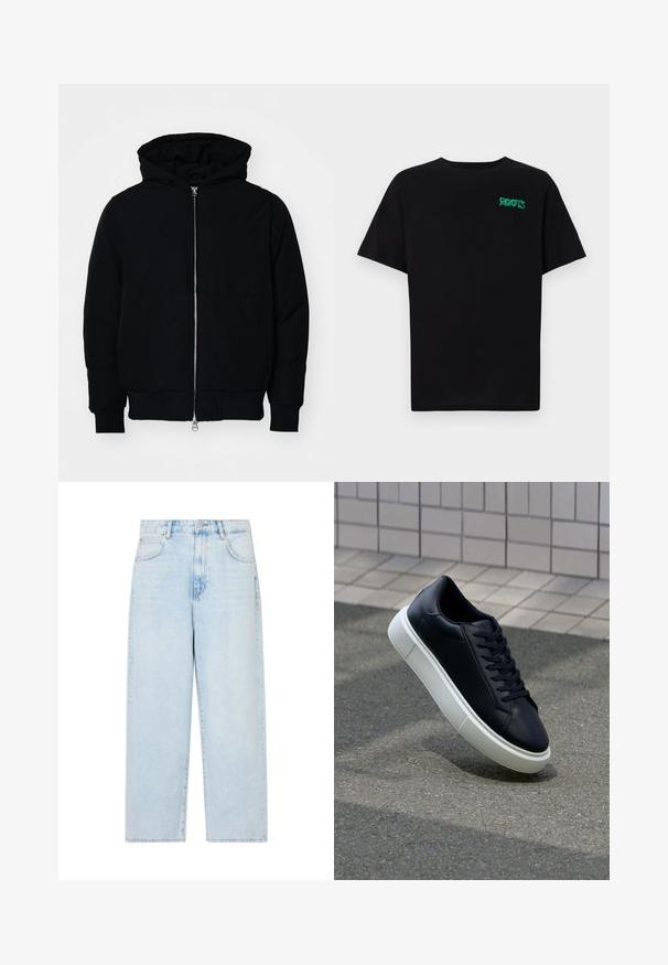 Zwarte hoodie met rits aan de voorkant, kangoeroe-pocket, geribbelde manchetten en zoom, weergegeven op een effen witte achtergrond.; Zwarte T-shirt van katoen met korte mouwen. Heeft een groen "ROOTS" logo op de voorkant, een ronde halslijn en een standaard pasvorm.; Lichtblauwe denim wijde broek met een hoge taille, vijf zakken en een knoopsluiting. Soepele textuur met een vervaagde wasfinish.; Zwarte leren sneaker met een ronde neus en een witte rubberen zool. Voorzien van platte veters en minimale stiksels op het bovenwerk. Textuurrijke zool voor grip.
