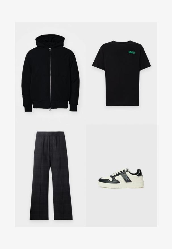 Veste à capuche noire avec fermeture éclair sur le devant, poche kangourou, poignets et ourlet côtelés, présentée sur un fond blanc uni.; T-shirt noir en coton à manches courtes. Présente un logo "ROOTS" vert sur le devant, un col rond et une coupe standard.; Pantalons écossais noirs avec une taille élastique, une coupe évasée, un tissu texturé et un subtil motif à carreaux sur toute la surface.; Baskets en cuir avec un schéma de couleurs noir et crème, dotées d'accents perforés, d'un col rembourré et d'une semelle texturée.