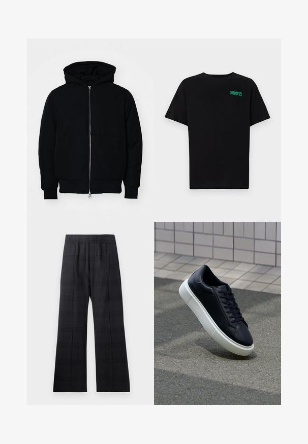 Zwarte hoodie met rits aan de voorkant, kangoeroe-pocket, geribbelde manchetten en zoom, weergegeven op een effen witte achtergrond.; Zwarte T-shirt van katoen met korte mouwen. Heeft een groen "ROOTS" logo op de voorkant, een ronde halslijn en een standaard pasvorm.; Zwarte geruite broek met een elastische tailleband, wijde pijpen, textuurstof en een subtiel ruitpatroon overal.; Zwarte leren sneaker met een ronde neus en een witte rubberen zool. Voorzien van platte veters en minimale stiksels op het bovenwerk. Textuurrijke zool voor grip.
