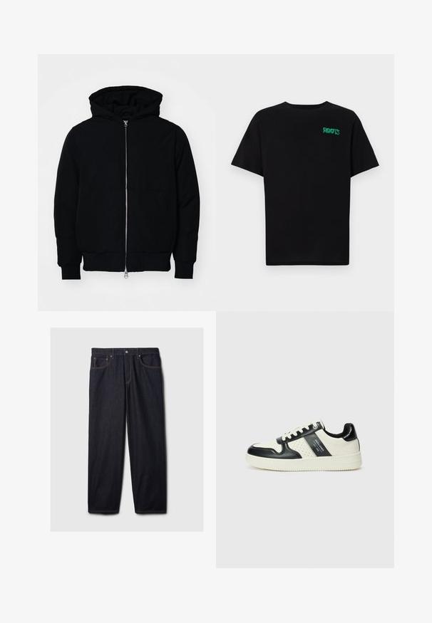 Černá kapucňová bunda s předním zipem, klokaní kapsou, vroubkovanými manžetami a spodním lemem, vystavená na čistém bílém pozadí.; Černé tričko vyrobené z bavlny s krátkým rukávem. Na přední straně se nachází zelené logo "ROOTS", kulatý výstřih a standardní střih.; Tmavě modré džíny se rovný střihem, s knoflíkovým a zipovým zapínáním, dvěma předními kapsami a kontrastním oranžovým prošíváním.; Kožené tenisky s černobílou barevnou kombinací, které mají perforované detaily, polstrovaný límec a texturovanou podrážku.