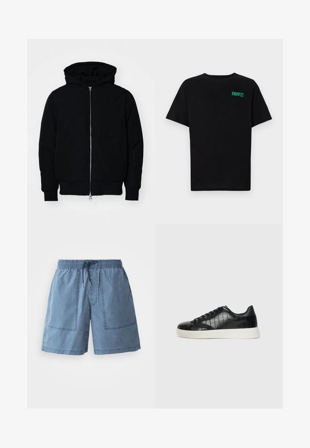 Melna kapucēta jaka ar priekšējo rāvējslēdzēju, kenguru kabatu, ribinātām aprocēm un apakšmalu, parādīta uz vienkārša balta fona.; Melna kokvilnas t-kreka ar īsām piedurknēm. Uz priekšu ir zaļa "ROOTS" logo, apaļa kakla izgriezums un standarta piegriezums.; Gaišblue kokvilnas maisījuma šorti ar elastīgu jostasvietu, regulējamu auklu, divām lielām priekšējām kabatām un brīvu piegriezumu.; Melni sporta apavi ar teksturētu krokodila raksta ādas augšdaļu, noapaļotu pirkstu daļu un kontrastējošu baltu gumijas zoli ar gludu virsmu.