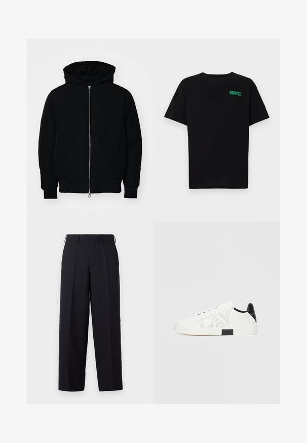 Giacca nera con cappuccio, dotata di zip frontale, tasca a marsupio, polsini e orlo a coste, esposta su uno sfondo bianco semplice.; T-shirt nera in cotone con maniche corte. Presenta un logo verde "ROOTS" sulla parte frontale, colletto rotondo e vestibilità standard.; Abercrombie & Fitch Baggy Trouser - Pantaloni - casual black; Sneaker bianche con design perforato, accent suola nera e suola in gomma bianca. Presentano lacci e logo sul lato. Texture in pelle liscia.