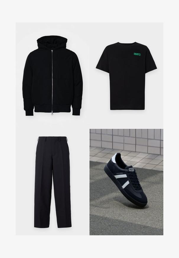 Melna kapucēta jaka ar priekšējo rāvējslēdzēju, kenguru kabatu, ribinātām aprocēm un apakšmalu, parādīta uz vienkārša balta fona.; Melna kokvilnas t-kreka ar īsām piedurknēm. Uz priekšu ir zaļa "ROOTS" logo, apaļa kakla izgriezums un standarta piegriezums.; Abercrombie & Fitch Baggy Trouser - Auduma bikses - casual black; Melnā ādas sporta apavi ar baltām svītrām, teksturēta gumijas zole un auklu aizdare. Iekļauj zīmola etiķeti uz mēles.