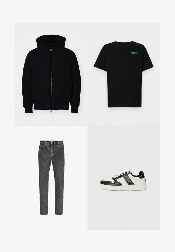 Svart hettejakke med frontglidelås, kengurulomme, ribbestrikket mansjetter og søm, vist på en ensfarget hvit bakgrunn.; svart t-skjorte laget av bomull med korte ermer. Har et grønt "ROOTS"-logo på forsiden, rund halsutringning og standard passform.; Jack & Jones JJICHRIS JJORIGINAL - Jeans Tapered Fit - black denim; Lædersneakers med sort og creme farveskema, der har perforerede detaljer, en polstret krave og en struktureret ydersål.