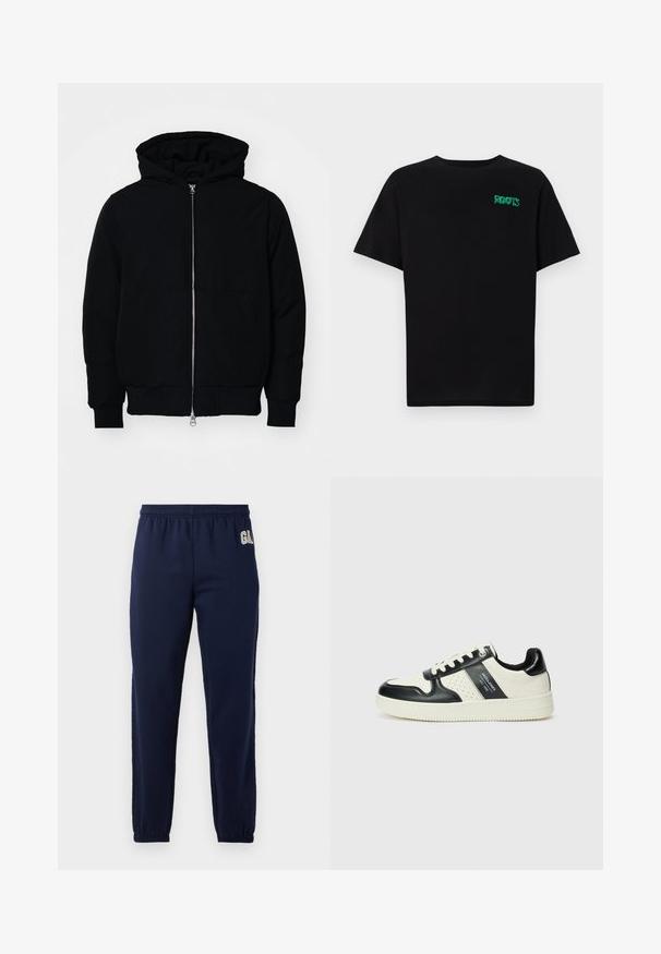 Fekete kapucnis dzseki elülső cipzárral, kenguruzsebbel, bordázott mandzsettákkal és aba, egy sima fehér háttér előtt.; Fekete, pamutból készült póló rövid ujjakkal. Elöl zöld "ROOTS" logóval, kerek nyakkivágással és normál szabással.; Tengerészkék, gumírozott derekú melegítőnadrág, gumírozott szárakkal és egy kis fehér logóval a bal felső oldalon.; Fekete és krém színű bőrsneaker, perforált díszítésekkel, párnázott bokapánttal és texturált talppal.