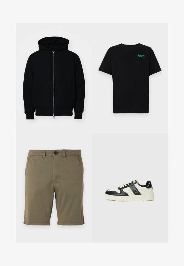 Black hooded jacket with front zipper, kangaroo pocket, ribbed cuffs, and hem, displayed on a plain white background.; Black t-shirt made of cotton with short sleeves. Features a green "ROOTS" logo on the front, round neckline, and standard fit.; Olive green shorts made from cotton blend fabric, featuring a button closure, front pockets, and a hemmed bottom with subtle stitching details.; Leather sneakers with a black and cream color scheme, featuring perforated accents, a padded collar, and a textured outsole.