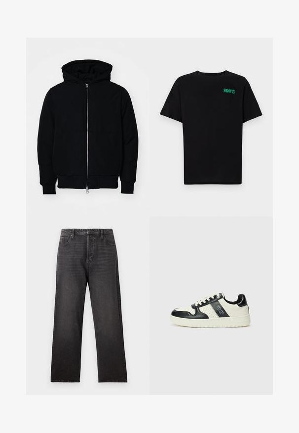 Juodas gobtuvėlis su priekiniu užtrauktuku, kengūros tipo kišene, lygiais rankogaliais ir apvadu, pateiktas ant vientiso balto fono.; Juodas medvilninis marškinėliai trumpomis rankovėmis. Priekyje yra žalias „ROOTS“ logotipas, apvalus iškirpimas ir standartinė prigludimo forma.; Juodos džinsinės kelnės su tiesiomis kojomis, turinčios penkis kišenes ir matomus siuvimo akcentus. Lengvas audinys su lygiu paviršiumi.; Odiniai sportbačiai juodos ir kreminės spalvų schemoje, su perforuotais akcentais, paminkštinta apykakle ir tekstūruotu padu.