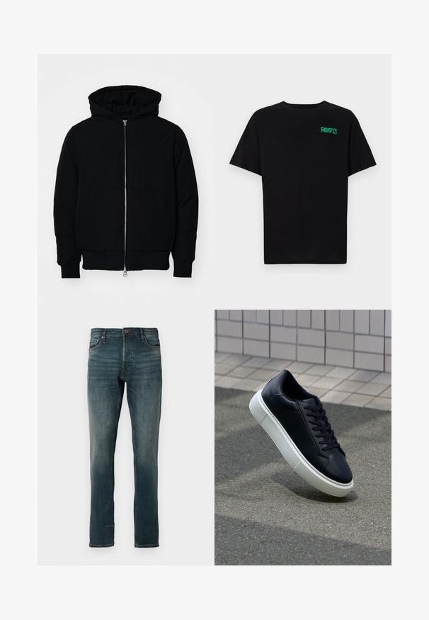 Crna kapuška jakna s prednjim zatvaračem, kenguru džepom, rebrastim manžetama i rubom, prikazana na običnoj bijeloj pozadini.; Crna majica kratkih rukava od pamuka. Na prednjem dijelu se nalazi zeleni "ROOTS" logo, okrugli izrez i standardni kroj.; Slim fit tamnoplave traperice s klasičnim dizajnom od pet džepova, sa zatvaranjem na gumb i patentni zatvarač, suptilnim izblijelim efektom i ravnim nogavicama.; Crne kožne tenisice s zaobljenim vrhom i bijelim gumiranim potplatom. Imaju ravne vezice i minimalno šivanje na gornjem dijelu. Teksturirani potplat za bolje prianjanje.