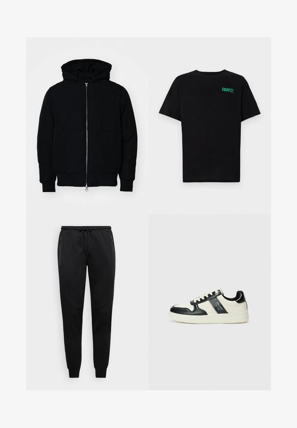 Black hooded jacket with front zipper, kangaroo pocket, ribbed cuffs, and hem, displayed on a plain white background.; Black t-shirt made of cotton with short sleeves. Features a green "ROOTS" logo on the front, round neckline, and standard fit.; Black sweatpants with a drawstring waist, tapered legs, and side zip pockets; made of soft fabric with subtle textured detailing.; Leather sneakers with a black and cream color scheme, featuring perforated accents, a padded collar, and a textured outsole.