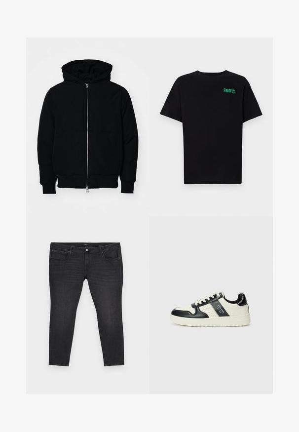 Black hooded jacket with front zipper, kangaroo pocket, ribbed cuffs, and hem, displayed on a plain white background.; Black t-shirt made of cotton with short sleeves. Features a green "ROOTS" logo on the front, round neckline, and standard fit.; Black denim jeans with a fitted cut, featuring five pockets, a front button and zipper closure, and subtle whiskering details.; Leather sneakers with a black and cream color scheme, featuring perforated accents, a padded collar, and a textured outsole.